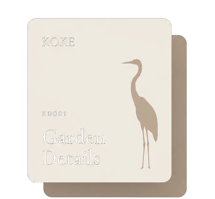 KOKE Garden Details card featuring a crane silhouette