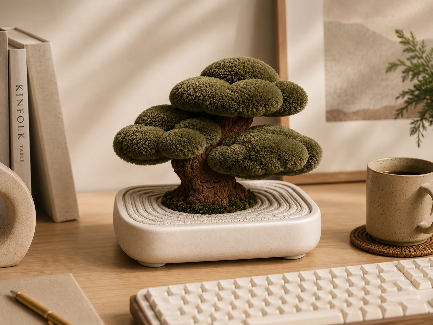 KOKE Starter Garden 001 styled on a calm desk beside a keyboard and mug