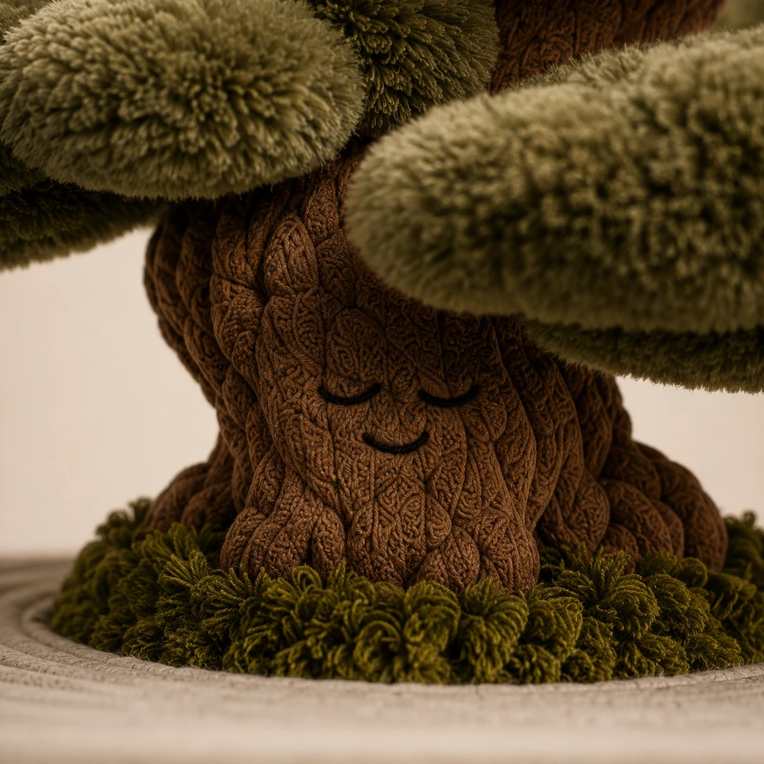 Close detail of Yuki's textured plush trunk and sleepy embroidered face